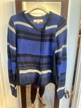 LOFT Blue, Navy & White Striped Knit Cardigan